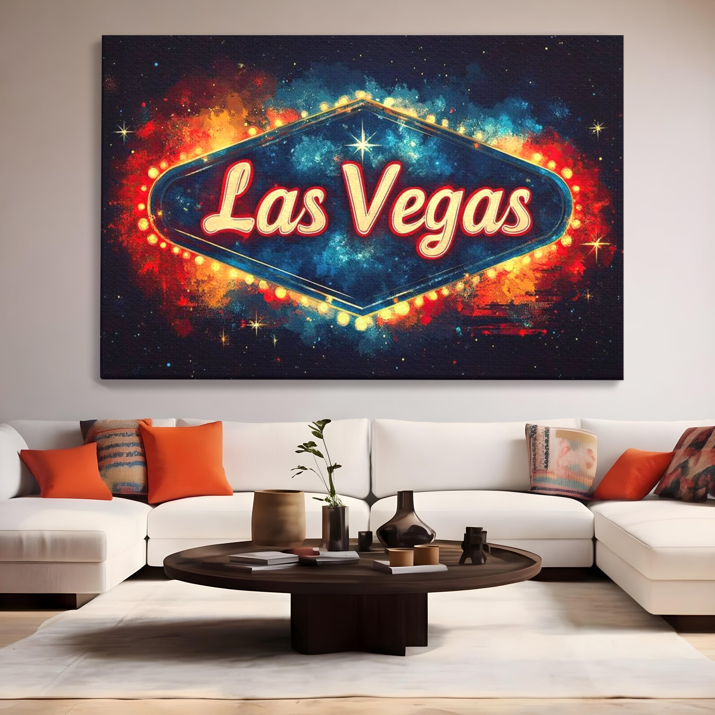 Tablou canvas cu tablou canvas cu semn neon las vegas, fara rama, pe sasiu de lemn, pe perete intr-un living